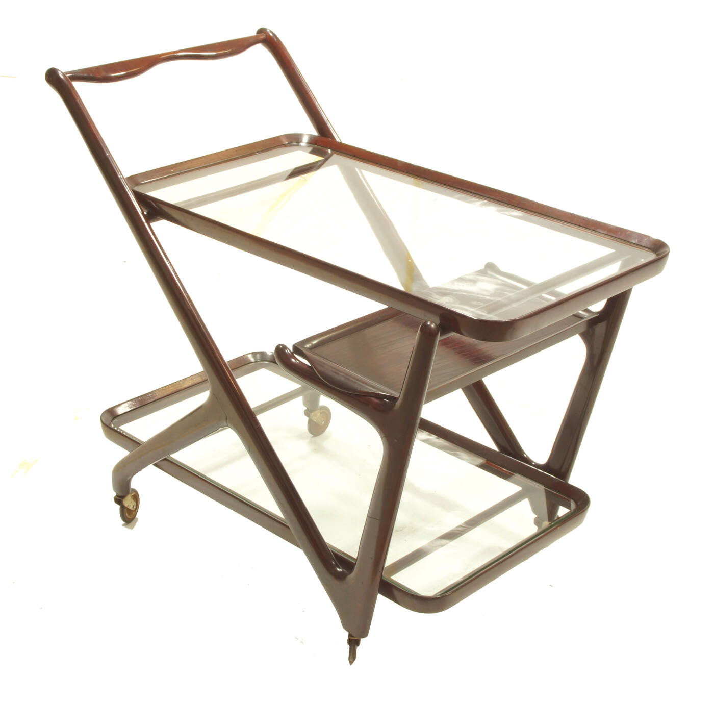 CESARE LACCA - Carrello in legno di ciliegio e piani in cristallo.