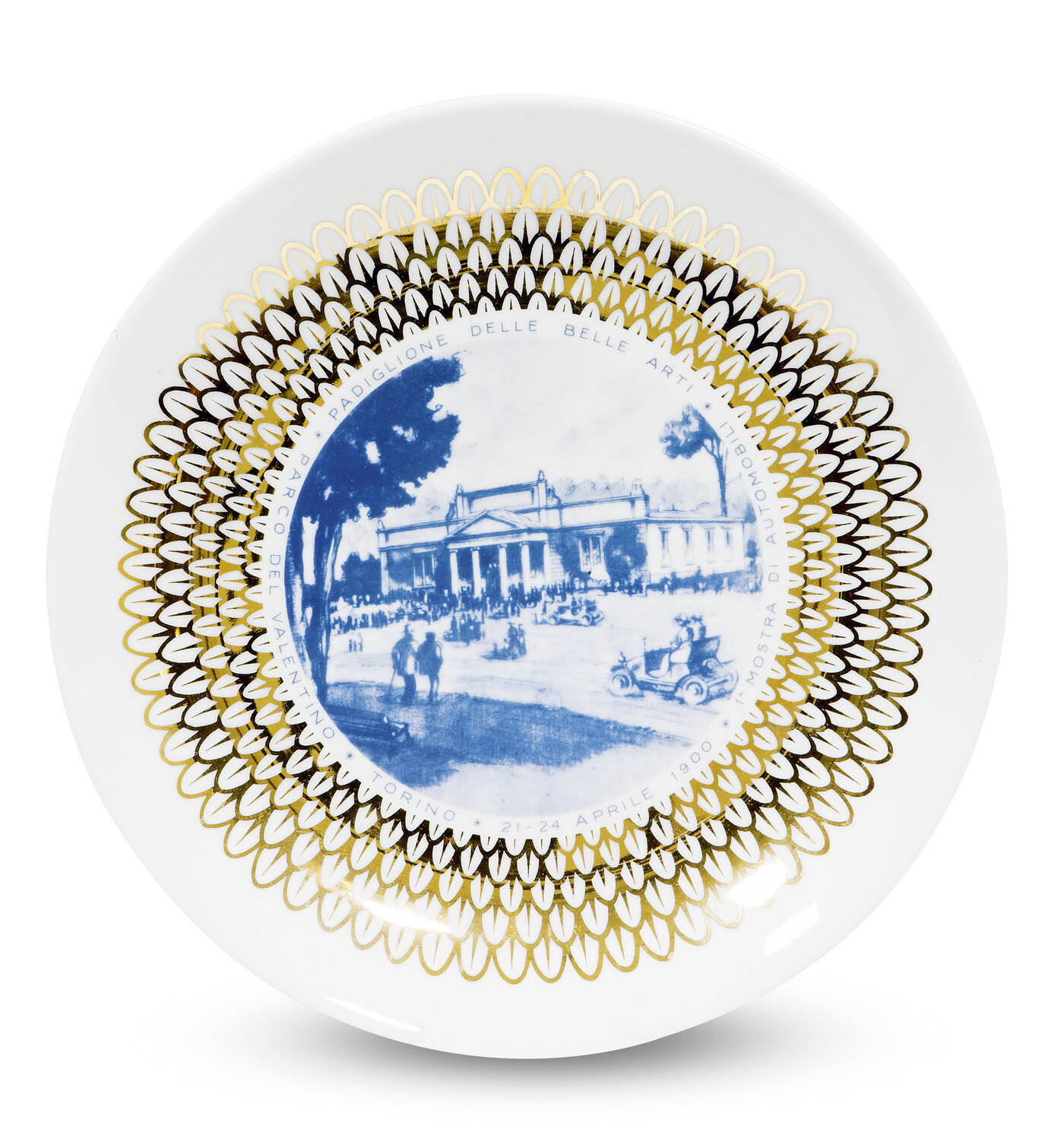 PIERO FORNASETTI - Piatto in ceramica realizzato per il 50° Salone Internazionale dell'Automobile di Torino.<br>Marcato Fornasetti Milano, made in Italy.