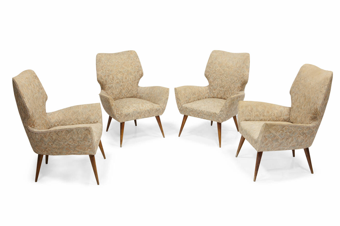 PRODUZIONE ITALIANA - Quattro poltroncine in tessuto imbottito e supporti in legno.