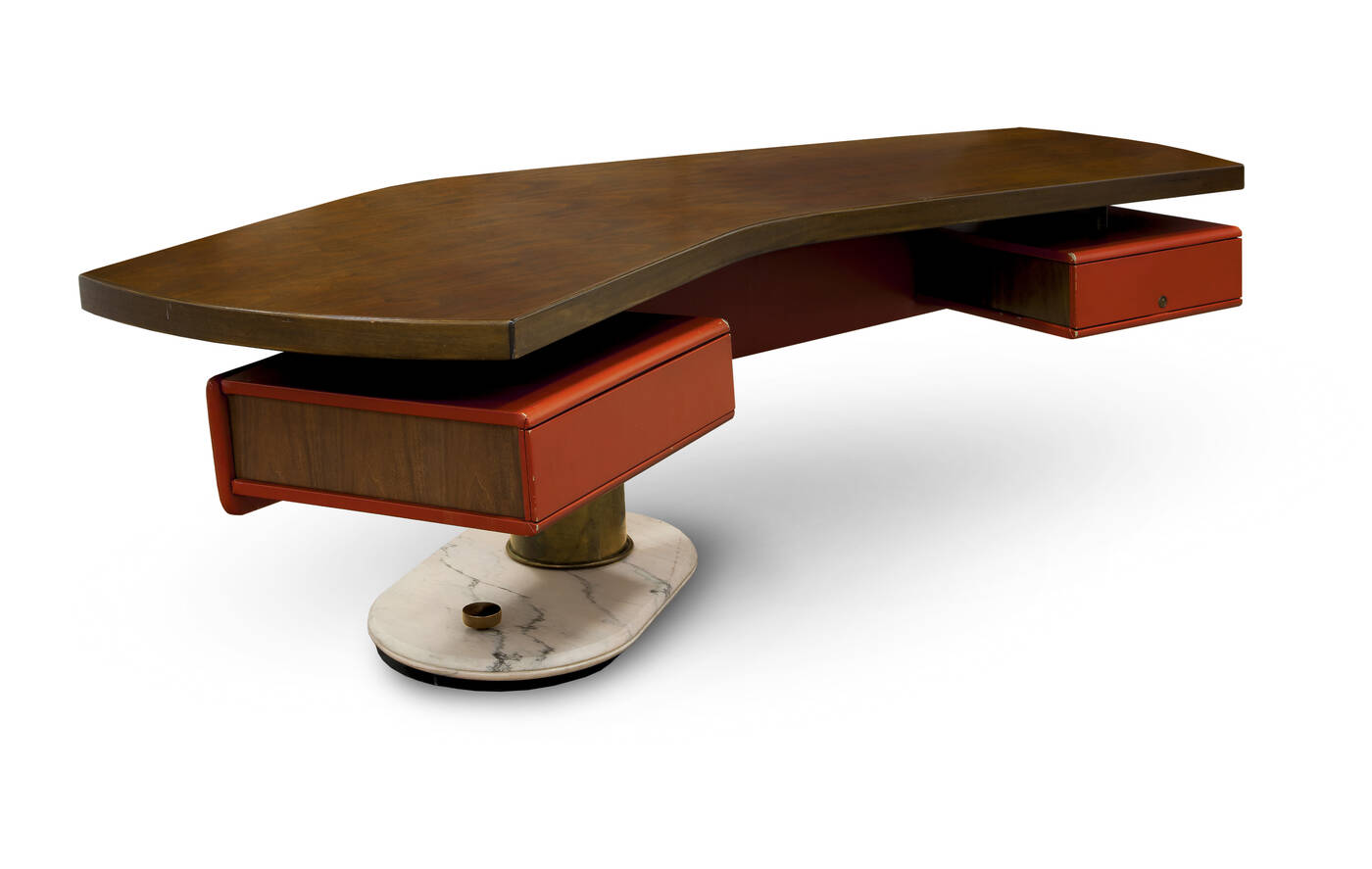 PRODUZIONE ITALIANA - Scrivania con base in marmo, piantone in ottone e piano di scrittura in legno