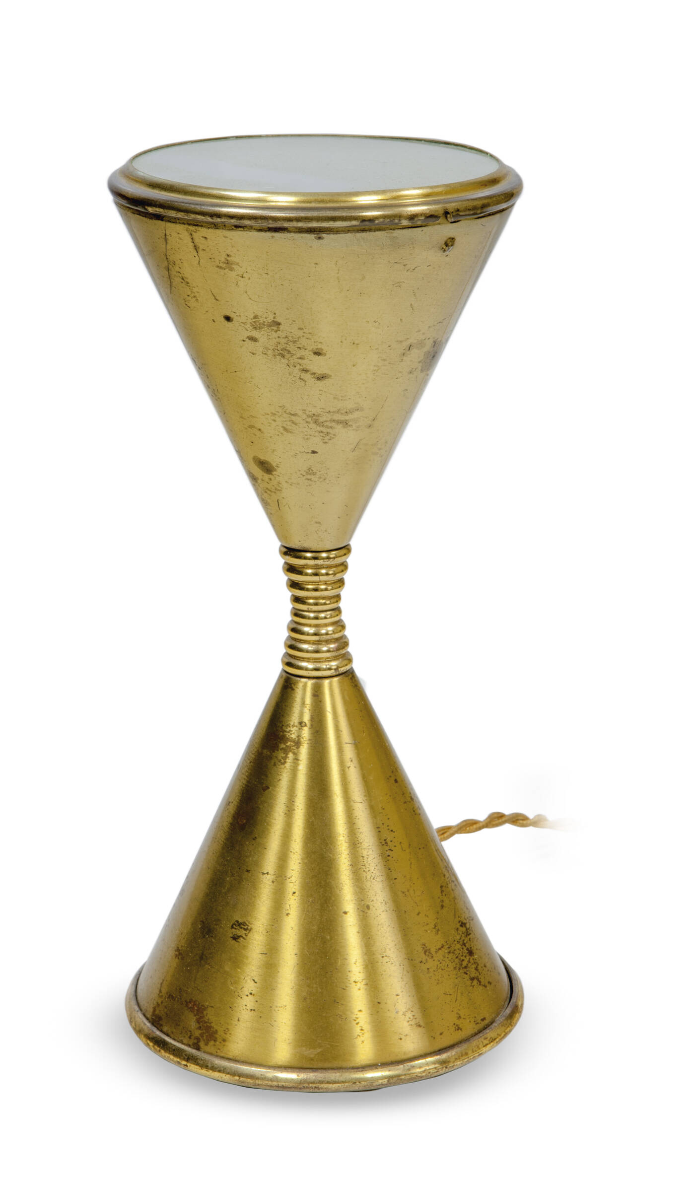 ARREDOLUCE - Lampada da tavolo a clessidra in ottone e vetro sabbiato.