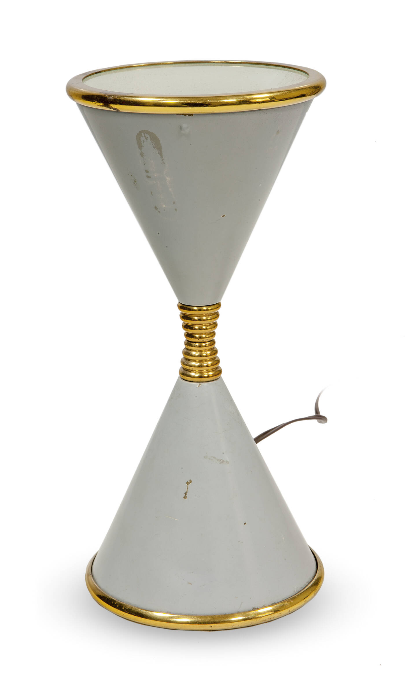 ARREDOLUCE - Lampada da tavolo a clessidra in ottone e vetro sabbiato.