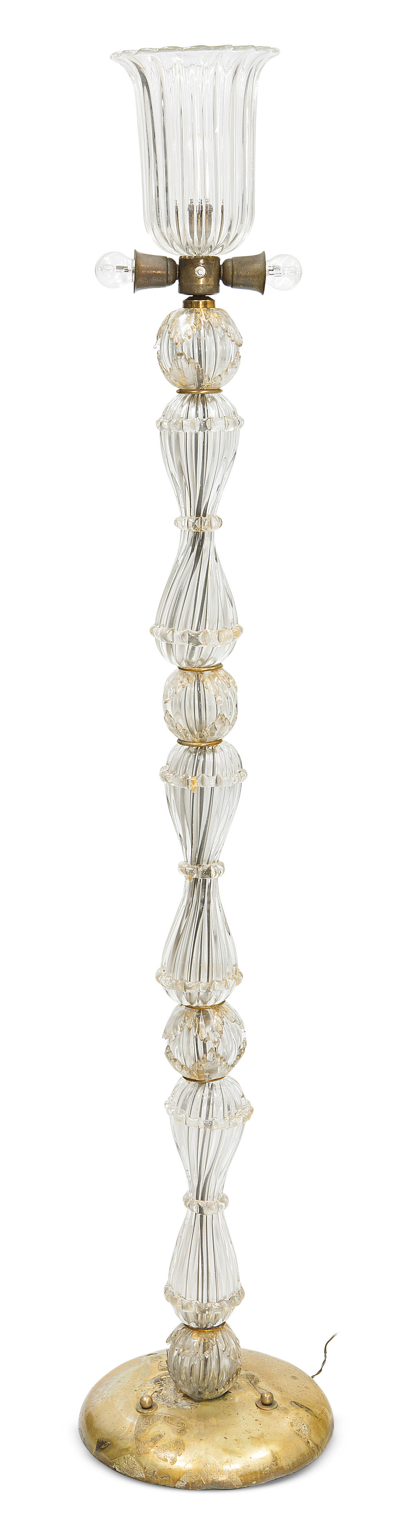 SEGUSO - Lampada da terra in vetro di Murano trasparente.<br>Montatura in ottone.