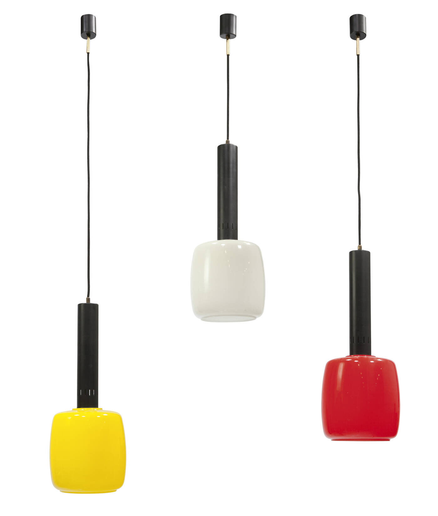 STILNOVO - Tre sospensioni in metallo laccato, ottone e vetro colorato incamiciato.