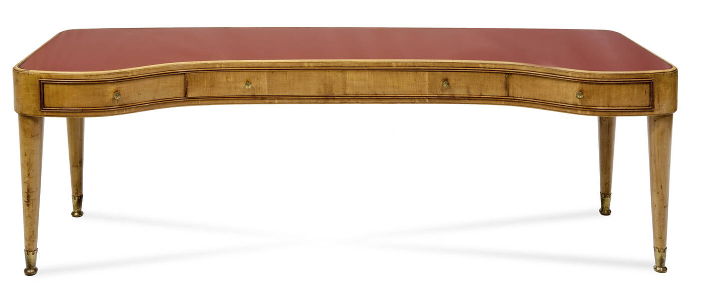PAOLO BUFFA - Console in legno d'acero e vetro colorato, puntali in ottone.