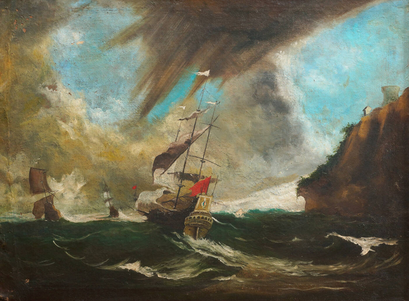 PITTORE ANONIMO DEL XIX SECOLO - 'Navi tra i marosi'