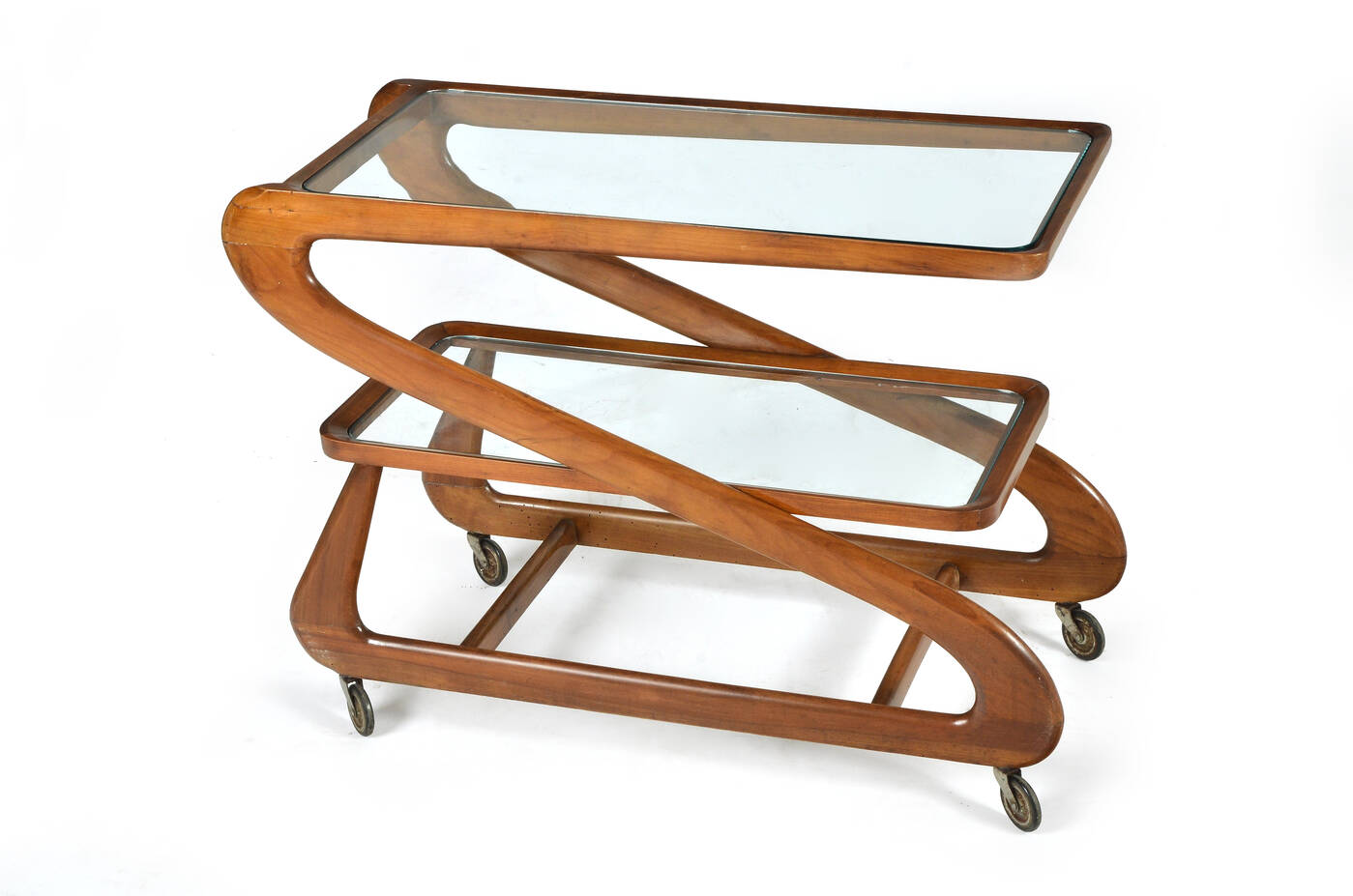 PRODUZIONE ITALIANA - Carrellino in legno curvato, piani in vetro trasparente