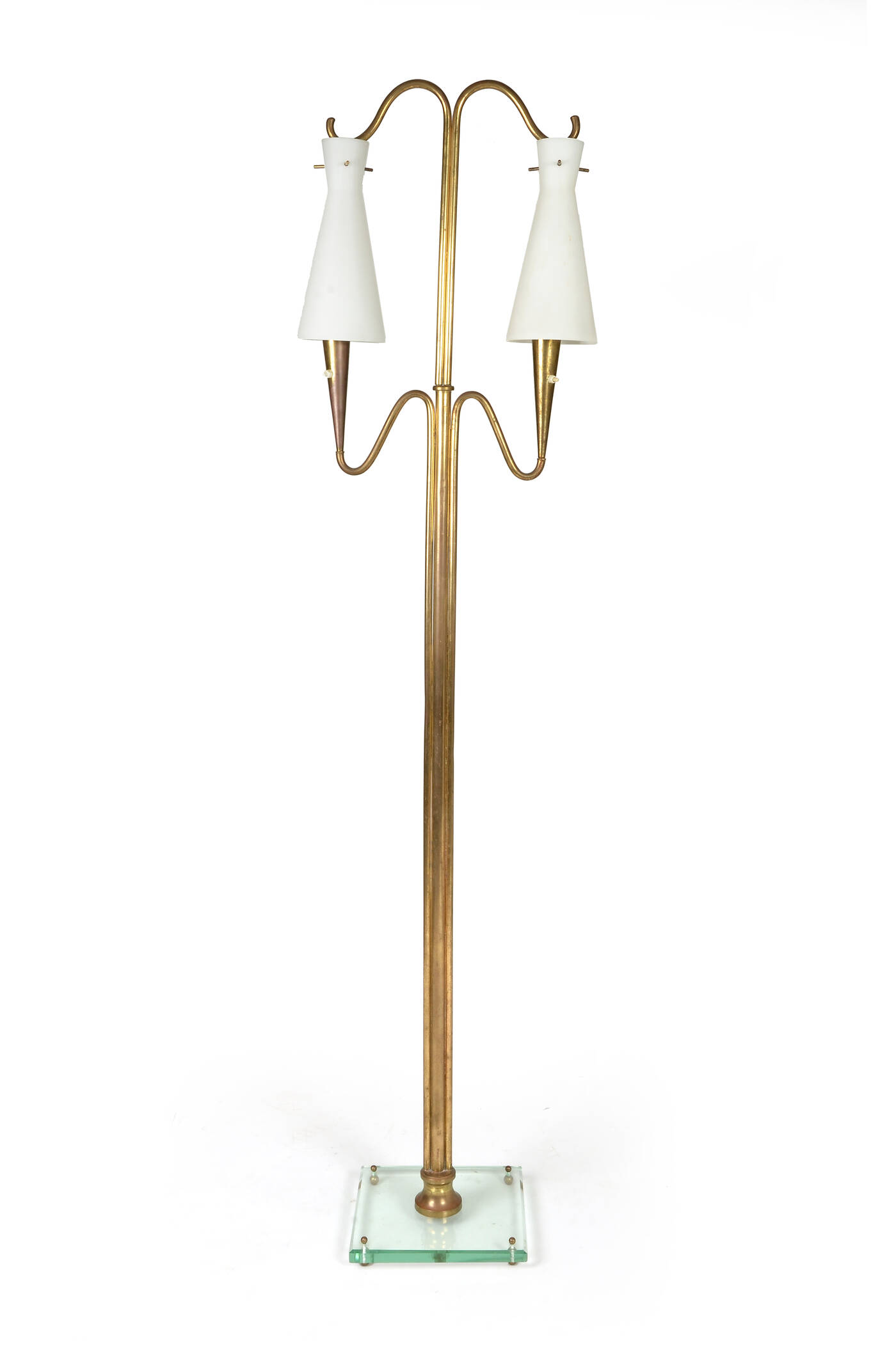 PRODUZIONE ITALIANA - Lampada da terra in ottone lucido,diffusori in vetro 