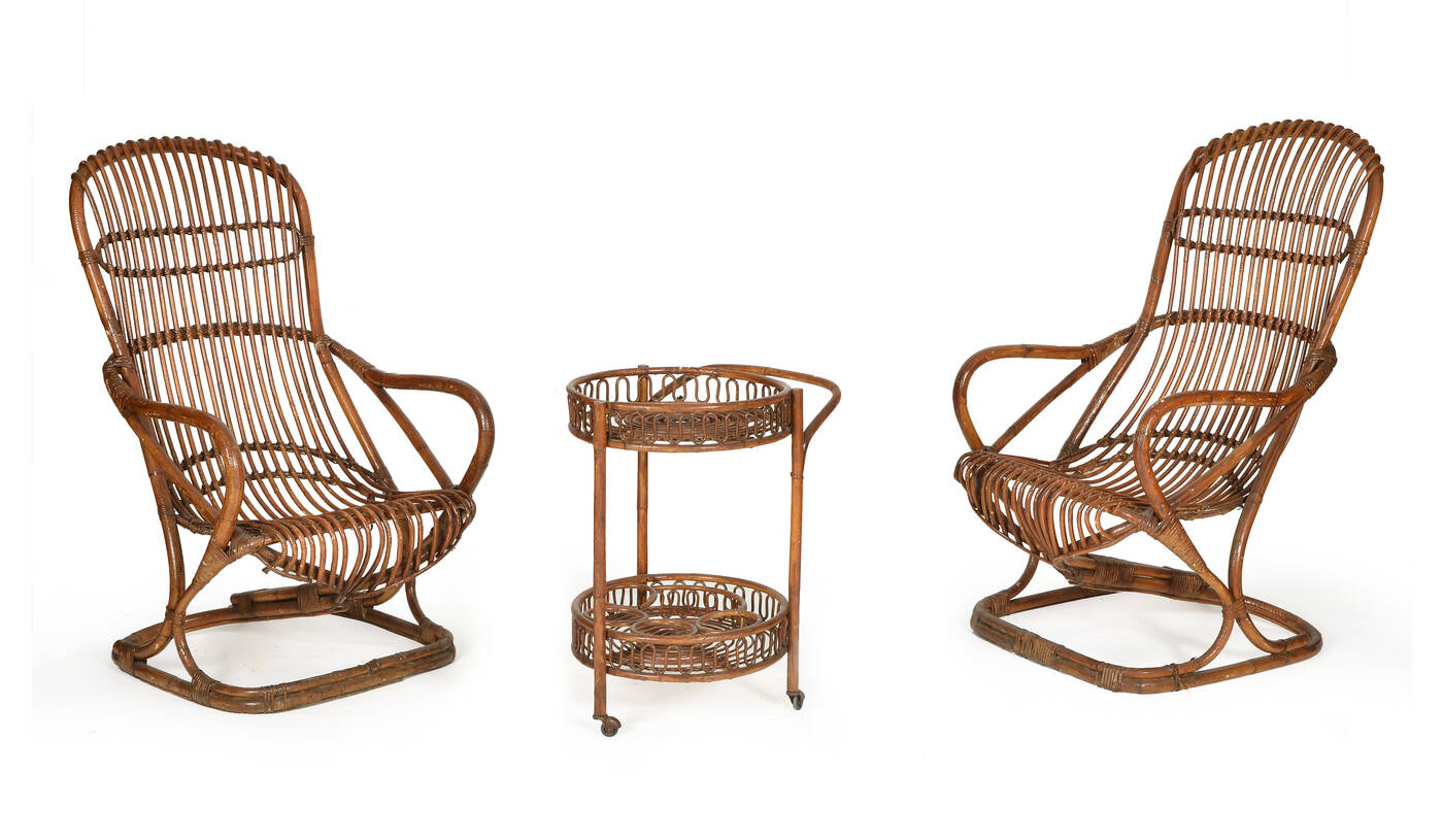 PRODUZIONE ITALIANA - Coppia di poltroncine e carrellino in bamboo 