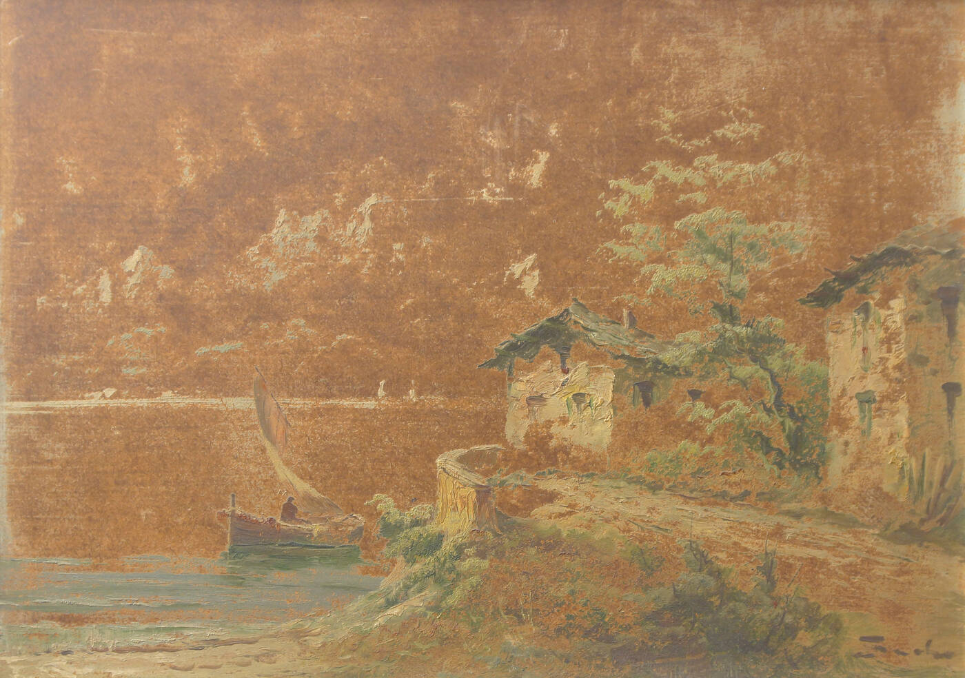 PITTORE ANONIMO DEL XX SECOLO - 'Paesaggio lacustre'