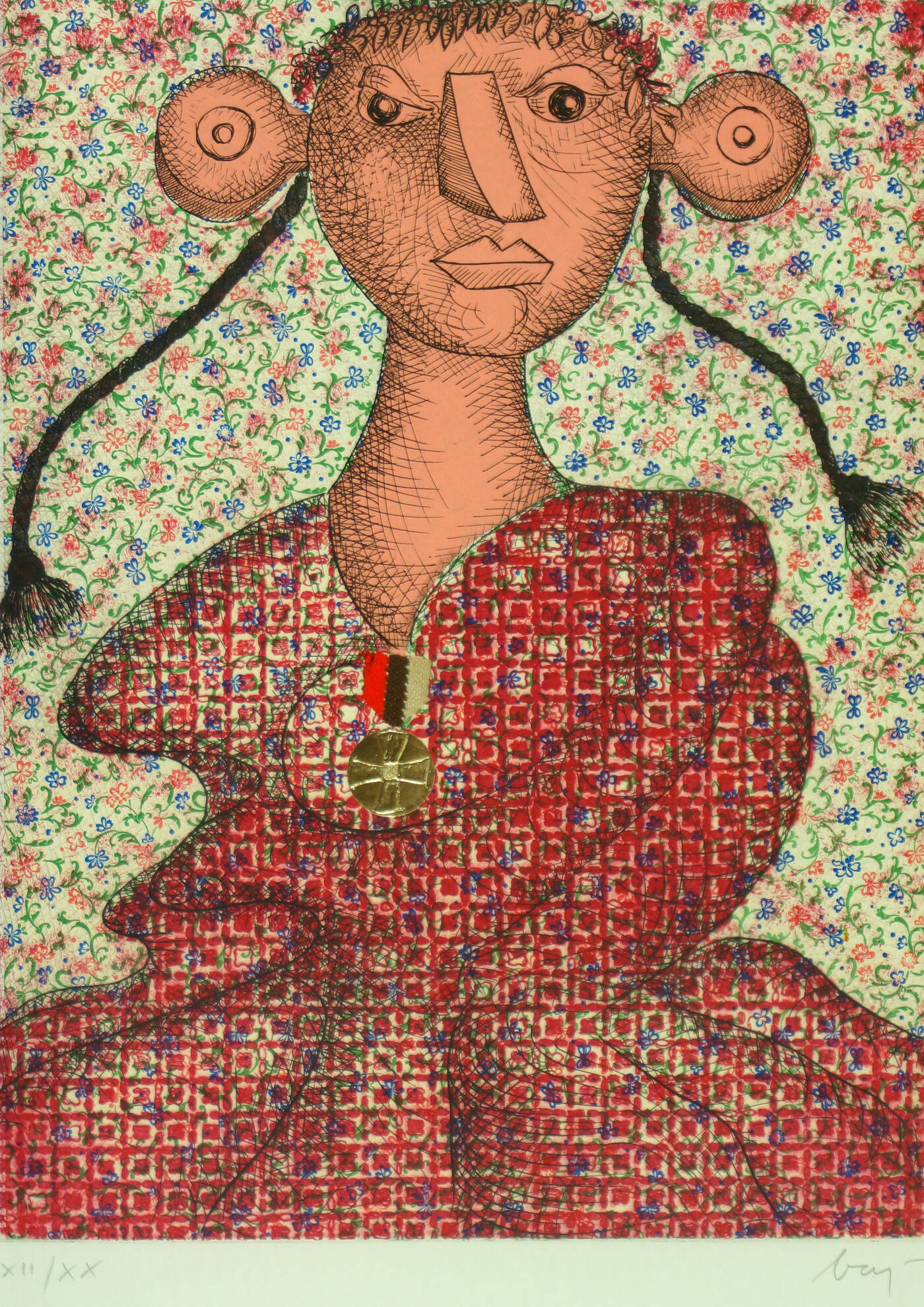 ENRICO BAJ - 'Figura femminile con treccine e medaglia'