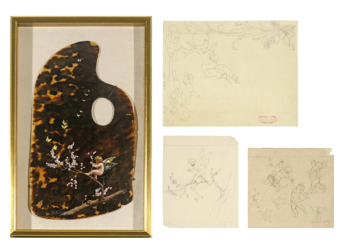 GIOVANNI BATTISTA QUADRONE - 'Amorino su ramo fiorito e tre studi di amorini'