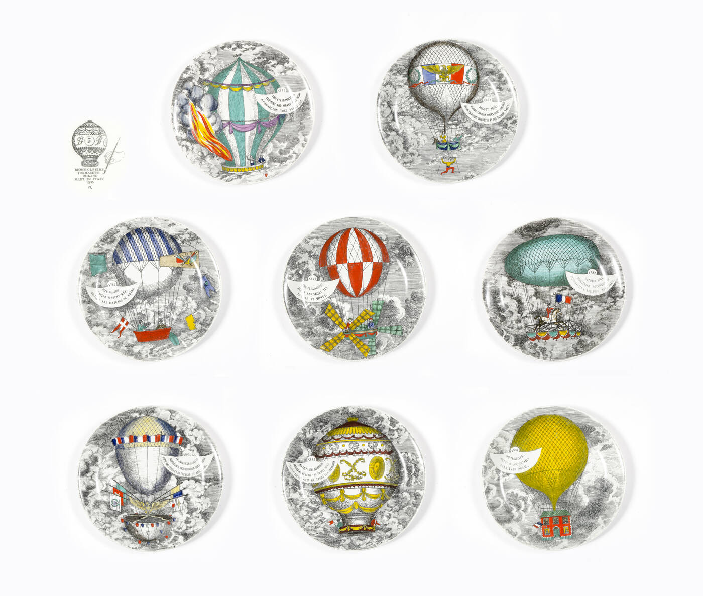 PIERO FORNASETTI - Otto piatti della serie 'Mongolfiere'