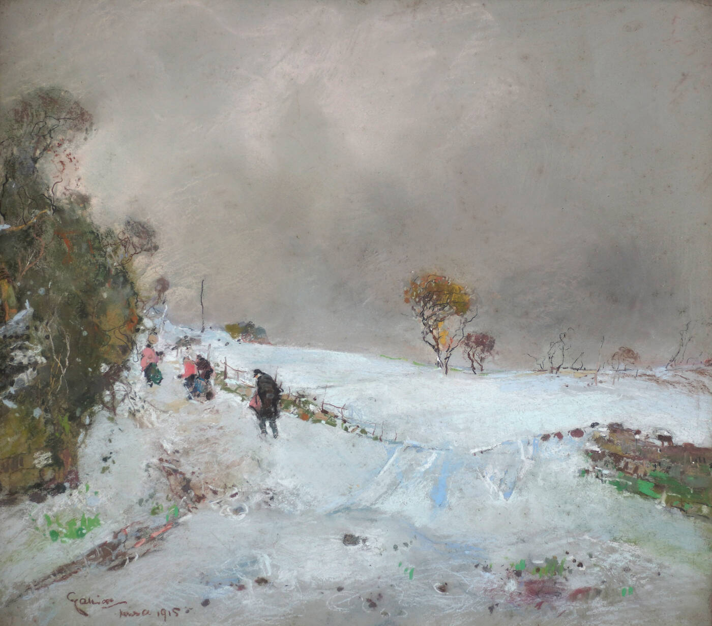 GIUSEPPE CASCIARO - 'Paesaggio innevato con figure' 1915