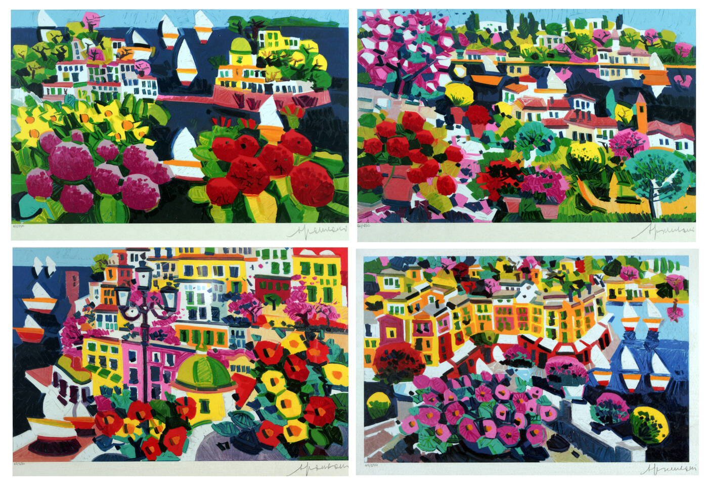 ATHOS FACCINCANI - Lotto di quattro serigrafie<br>A - Portofino, es. 41/150<br>B - Ischia, es. 60/150<br>C - Capri, es. 42/150<br>D - Positano, es. 42/150