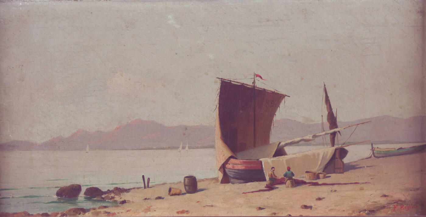 FORTUNATO BOGLIOLO - 'Spiaggia con barche e pescatori'