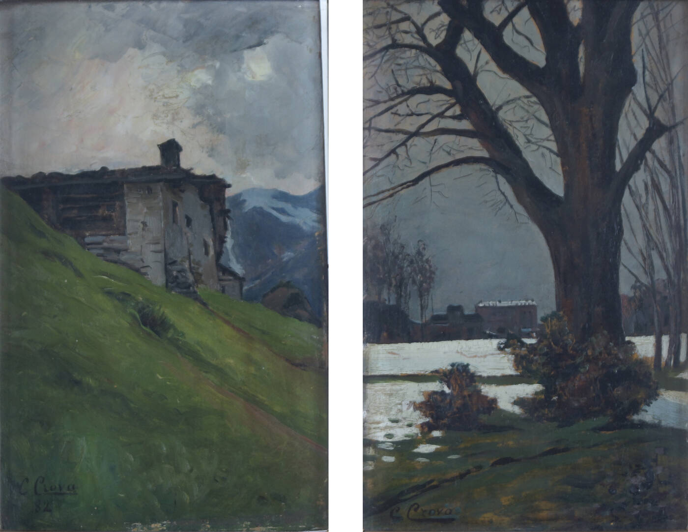 CLEMENTE CROVA DI VAGLIO - Dittico<br>'Paesaggio di montagna' 1882<br>'Torino sotto la neve' 16/03/1883