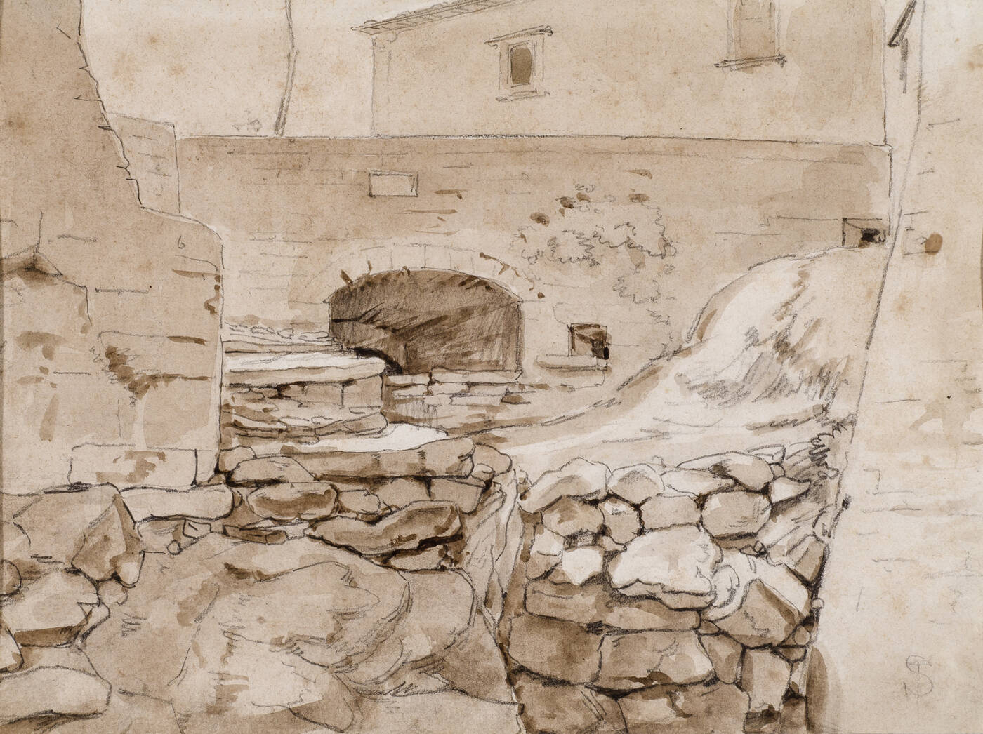 TELEMACO SIGNORINI - 'Ponte e case sul greto di un torrente'