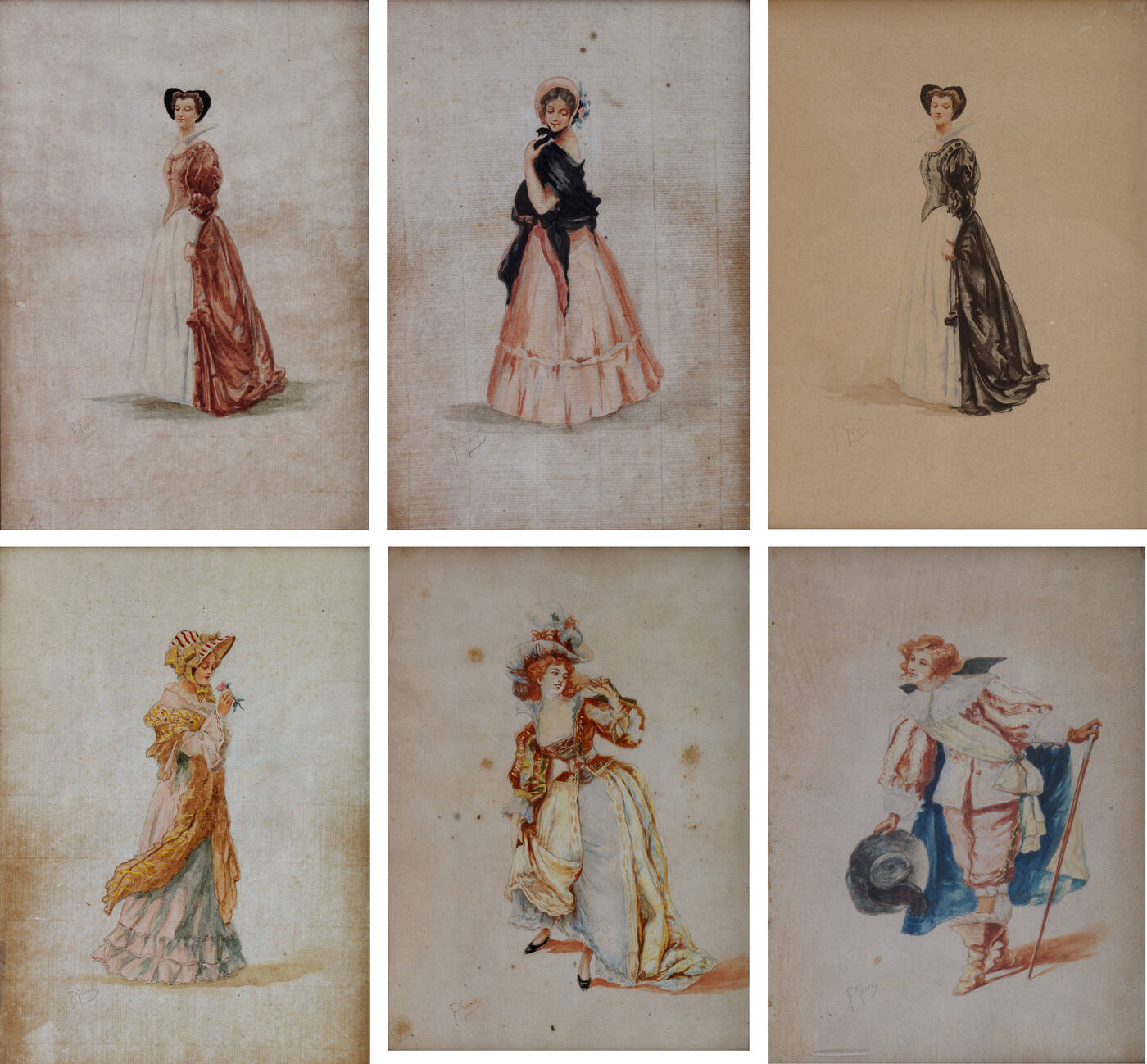 FRANCESCO GONIN - Lotto di sei acquerelli (figure di dame e cavalieri)<br>