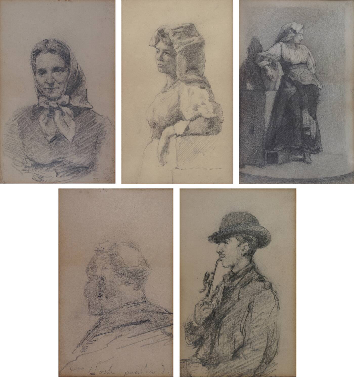 PITTORE NON IDENTIFICATO - Lotto di cinque disegni<br>'Uomo con pipa'<br>'L'oste pacifico'<br>'Donna con foulard'<br>'Donna in costume'<br>'Ragazza al balcone'