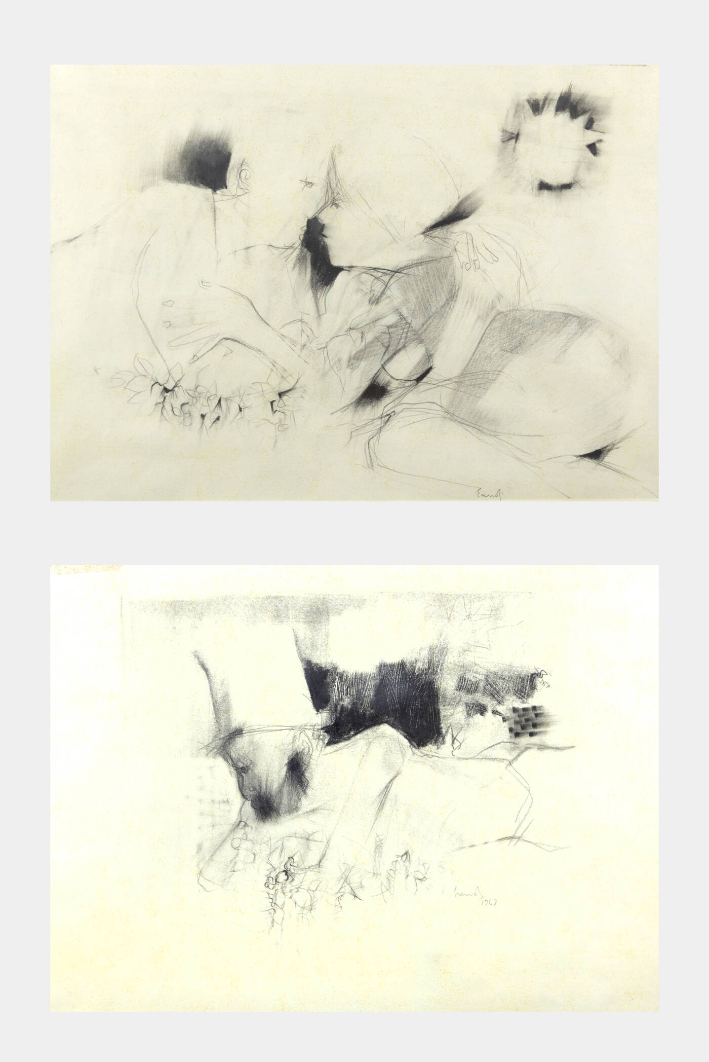 FERNANDO EANDI - Coppia di disegni:<br>'Amanti'<br>'Figura con cappello' 1969