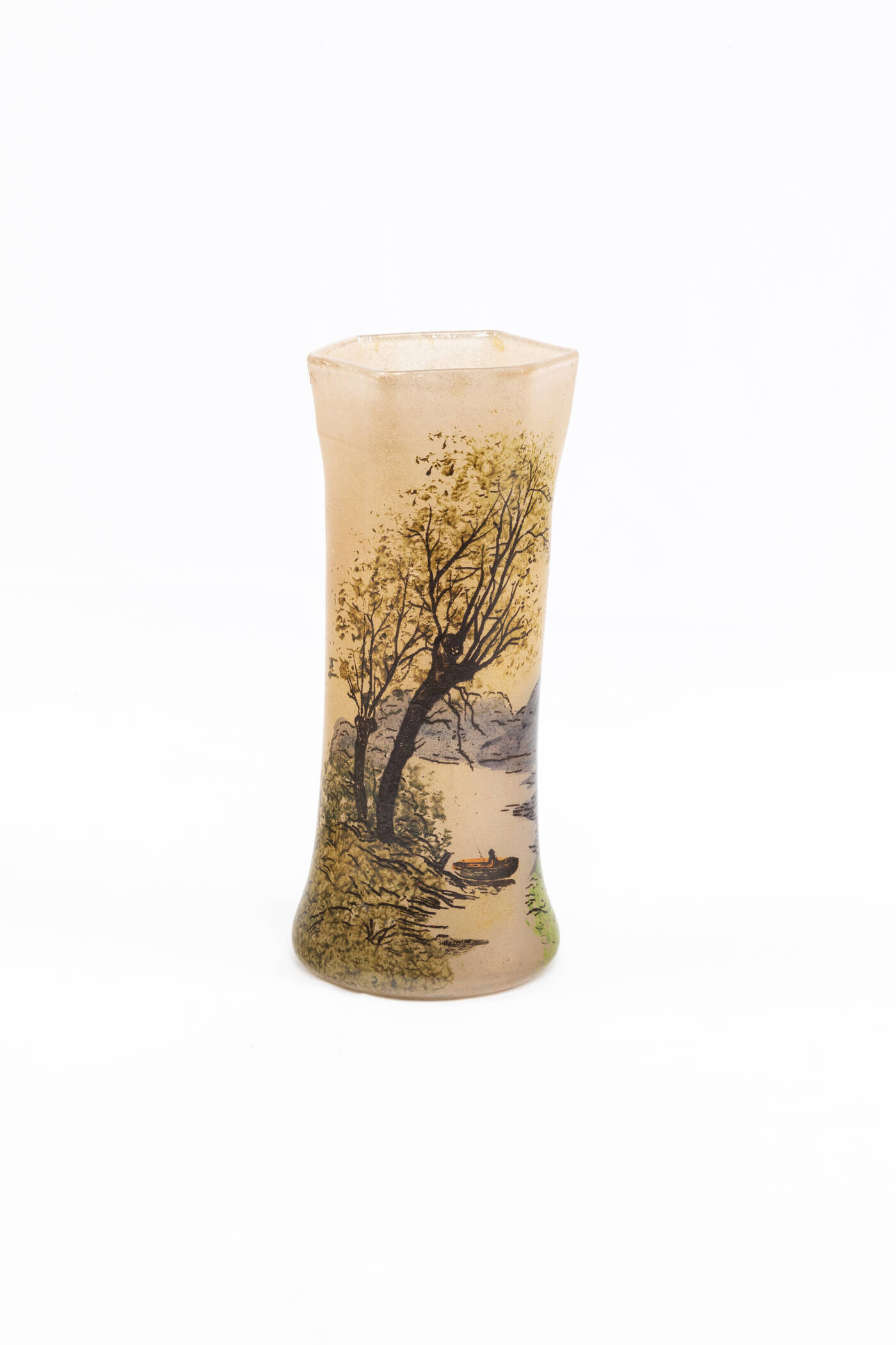 LEGRAS - Vaso di forma esagonale decorato con scena di paesaggio con fiume e barca