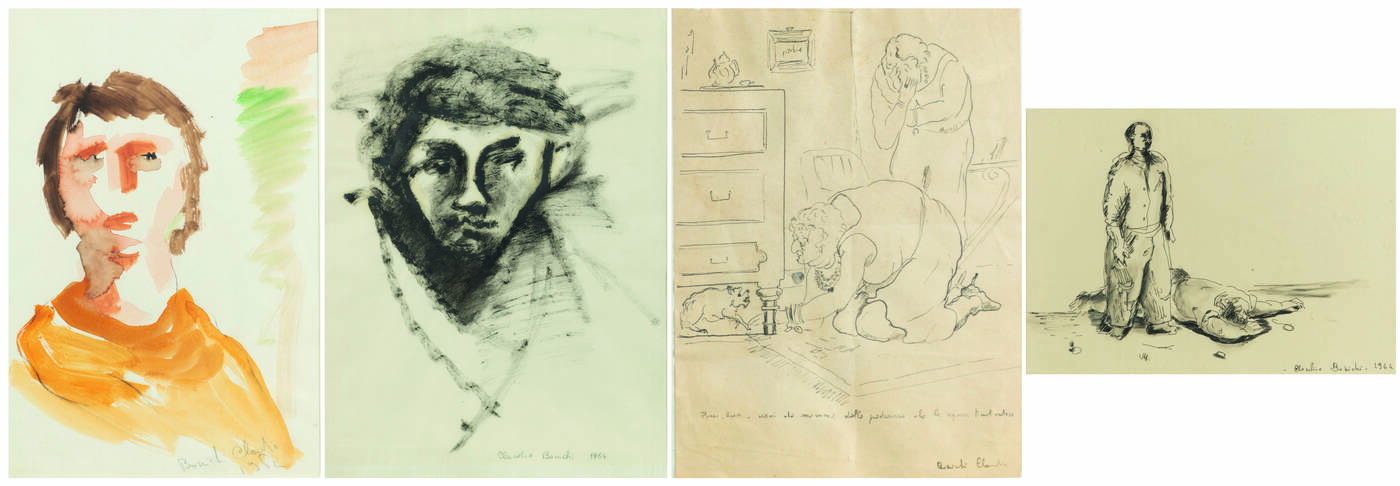 CLAUDIO BONICHI - a-'Pucci, bravo-Vieni da mamma, dalla padroncina che la signora ti vuole vedere'<br>b-'Ritratto virile' 1964<br>c-'Ritratto' 1962<br>d-'Due figure' 1964