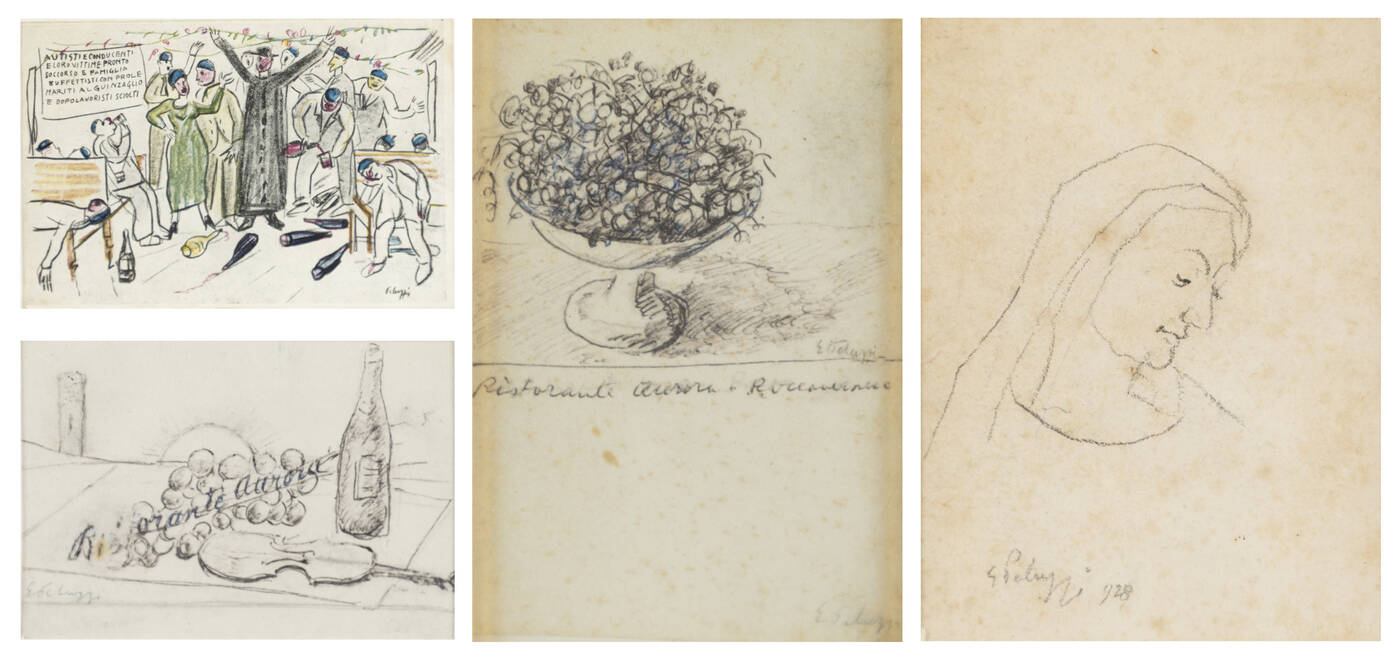 ESO PELUZZI - a-'Autisti e conducenti e loro vittime (etc...)'<br>b-'Volto di donna' 1928<br>c-'Ristorante Aurora'<br>d-'Ristorante Aurora Roccaverano'