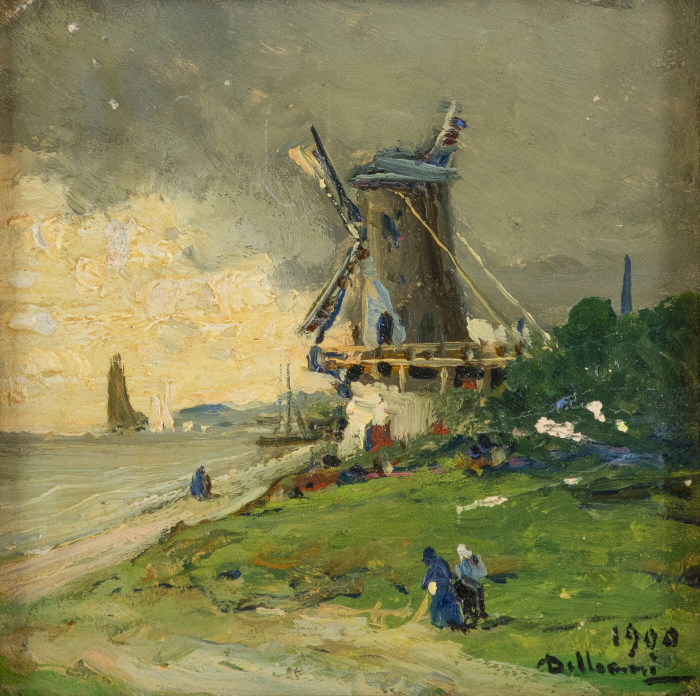 LORENZO DELLEANI - 'Paesaggio con figure e mulino' 1900