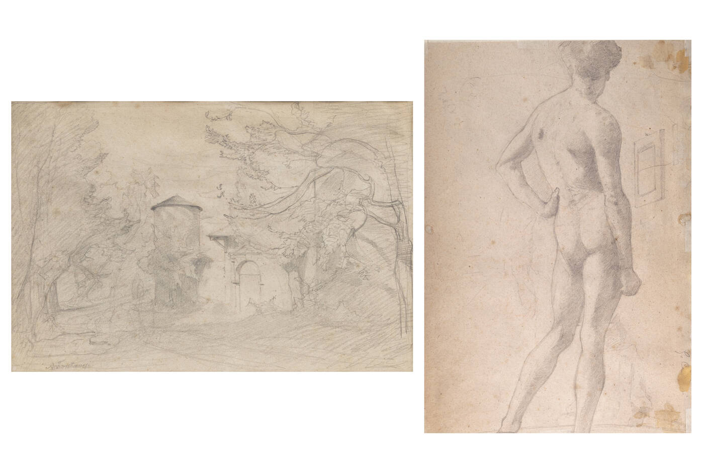 ANTONIO FONTANESI - a-'Sito alberato con torretta e portale in stile classico' fine anni '870 ca<br>b-'Nudo maschile' 