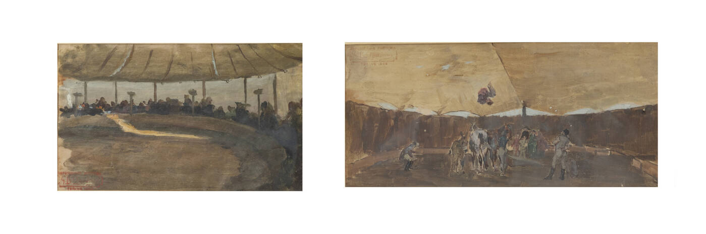 GIOVANNI BATTISTA QUADRONE - a-'Veduta del palco del circo con spettatori'<br>b-'Circensi'