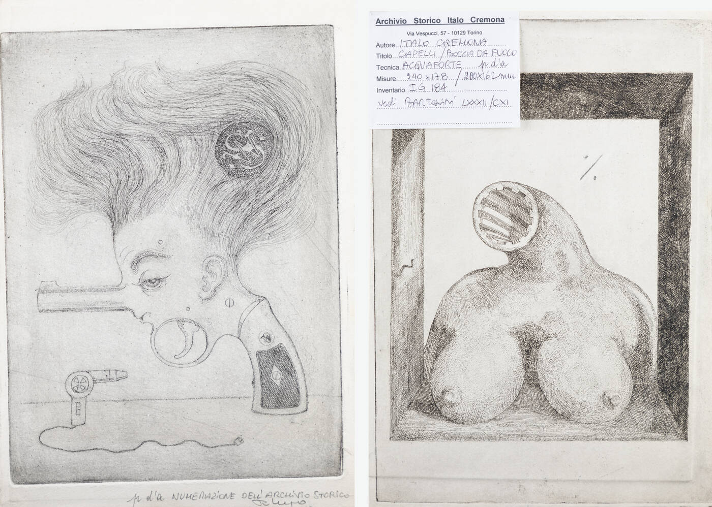 ITALO CREMONA - Doppia acquaforte (fronte e retro): <br>'Capelli', 1969 / 'Bocca da fuoco', 1971