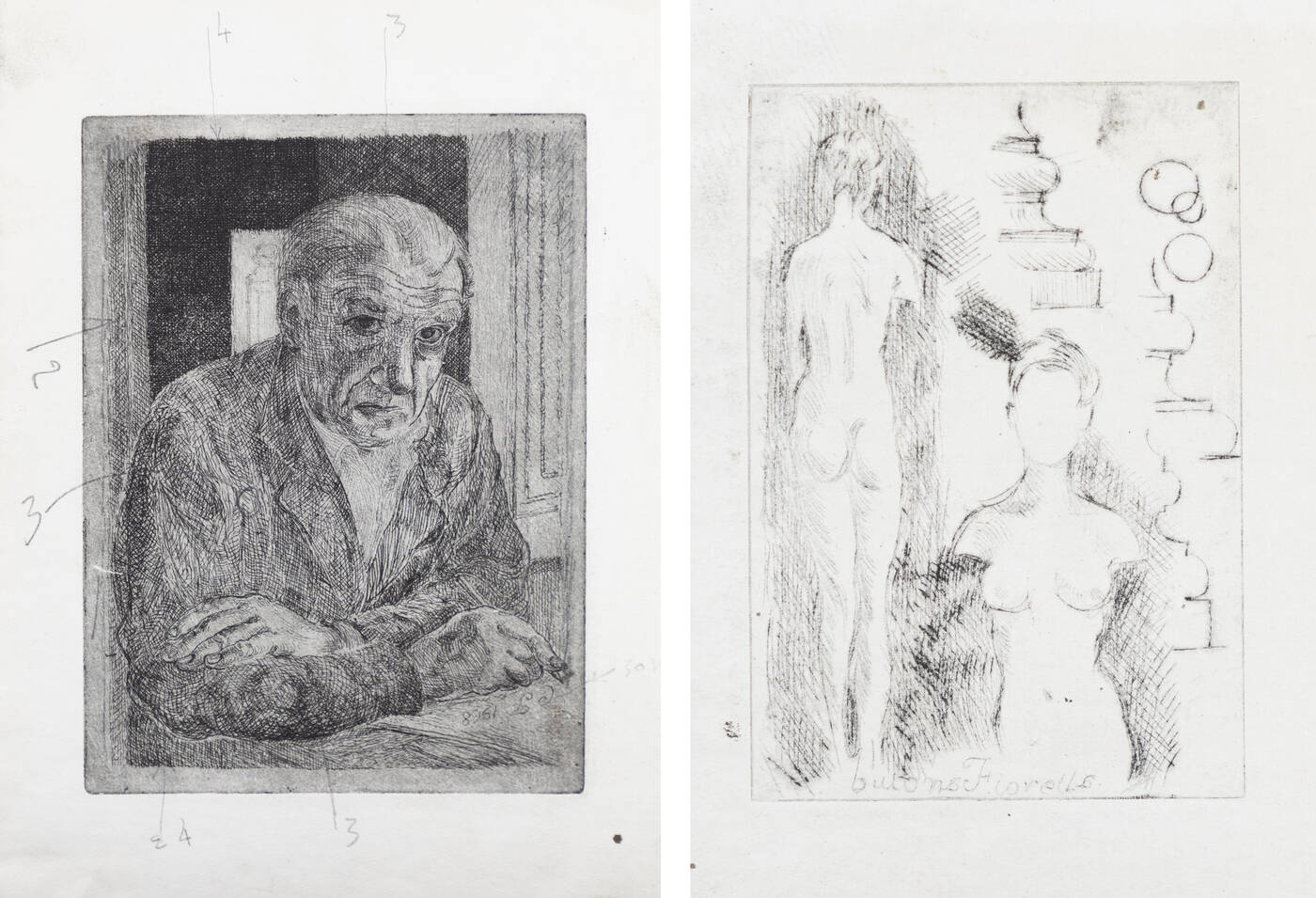 ITALO CREMONA - Doppia acquaforte (fronte e retro): <br>'Autoritratto', 1968 / 'Prova scherzosa', 1963