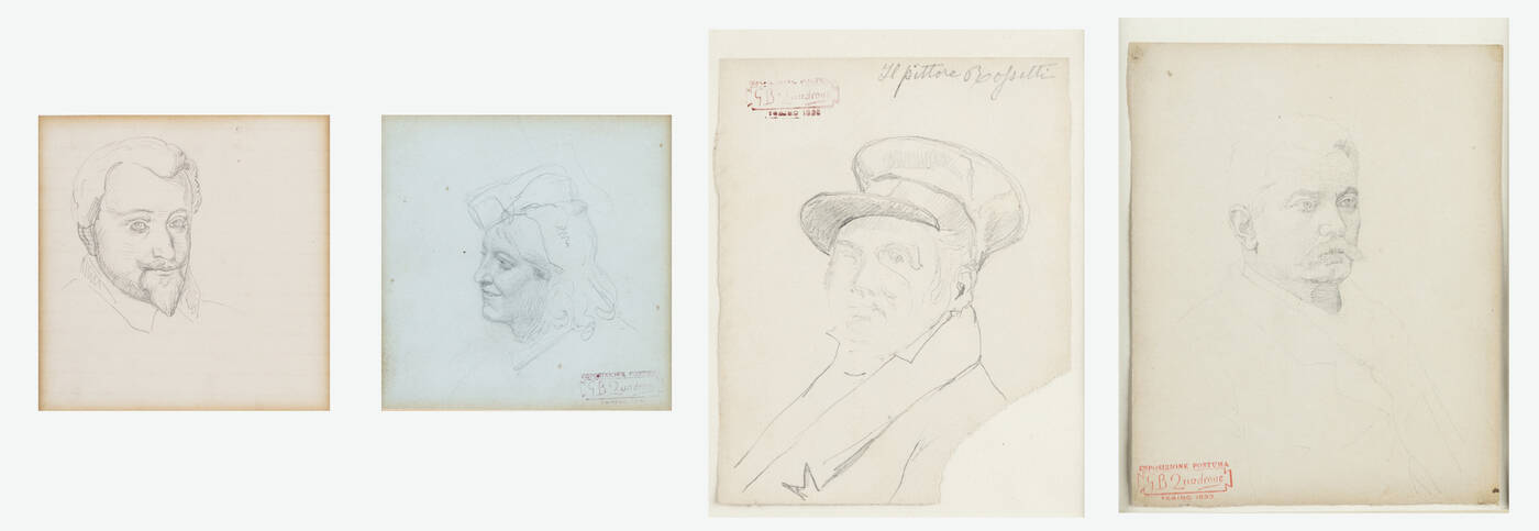 GIOVANNI BATTISTA QUADRONE - Lotto di quattro opere:<br>A. 'Profilo di donna'<br>B. 'Ritratto di uomo con barbetta'<br>C. 'Ritratto di uomo con baffi'<br>D. 'Ritratto del pittore Rossetti'