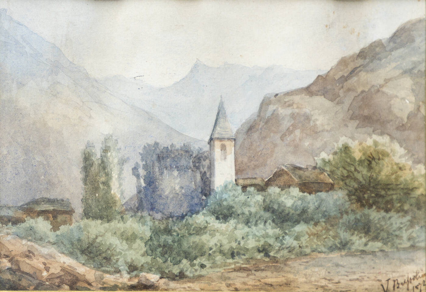 VITTORIO BUSSOLINO - 'Paesaggio con chiesetta' 1872