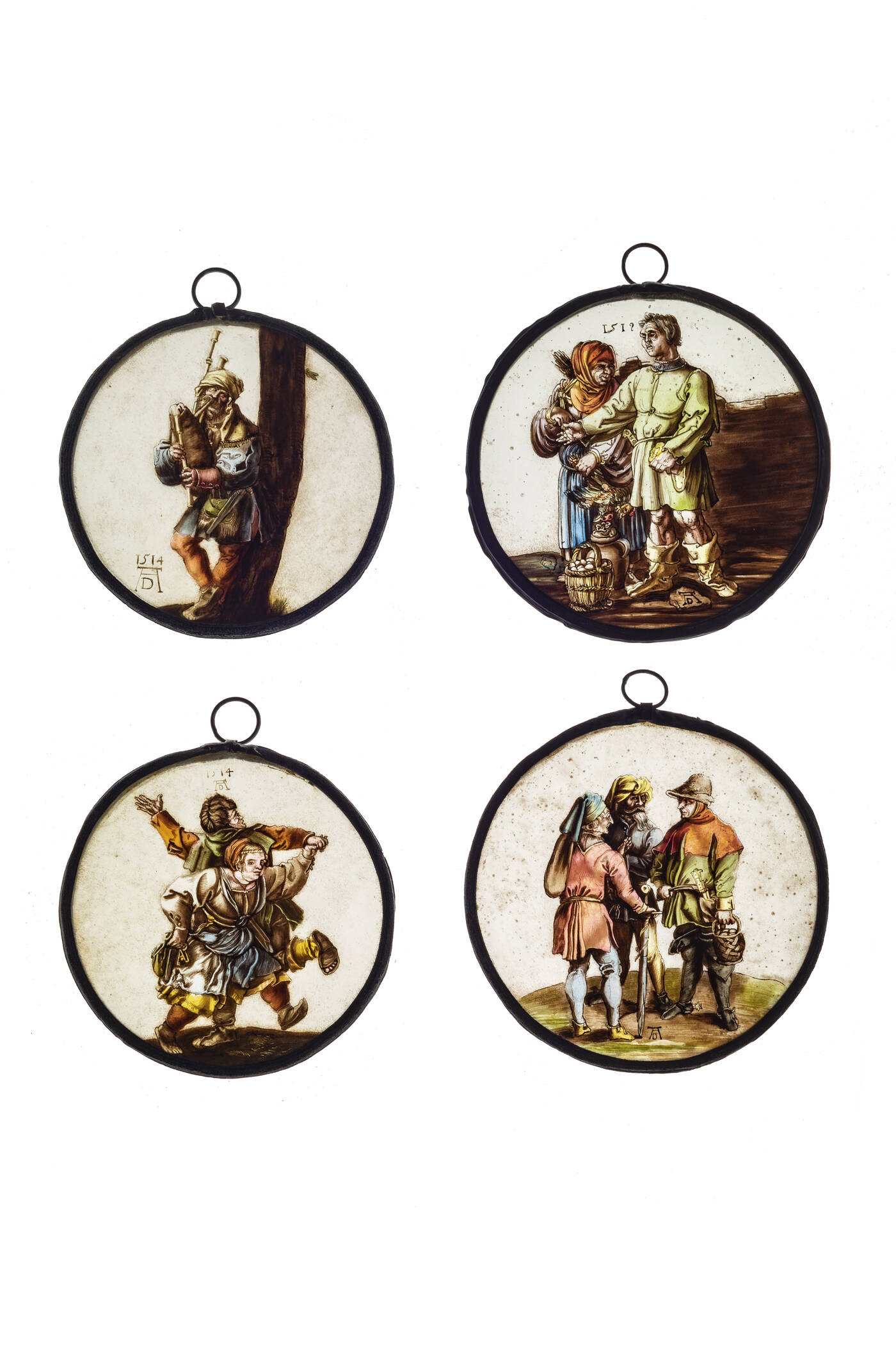 PITTORE ANONIMO DEL XIX SECOLO - 'Suonatore di zampogna' <br>'La danza' <br>'Dialogo tra tre figure'<br>'Al mercato' 