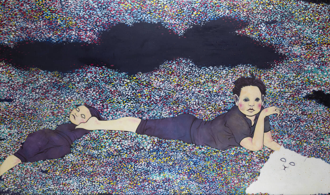 ENRICO COLOMBOTTO ROSSO - 'Prato fiorito con figure e gatto bianco'