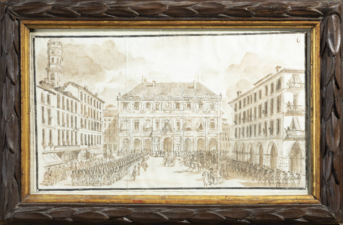 PITTORE ANONIMO DEL XVII SECOLO  - 'Drappello di truppe napoleoniche davanti al Palazzo Civico di Torino' 