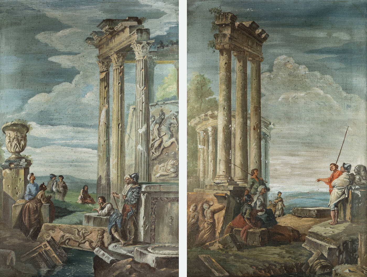 PITTORE ANONIMO DEL XVIII SECOLO - 'Coppia di vedute con rovine e figure'