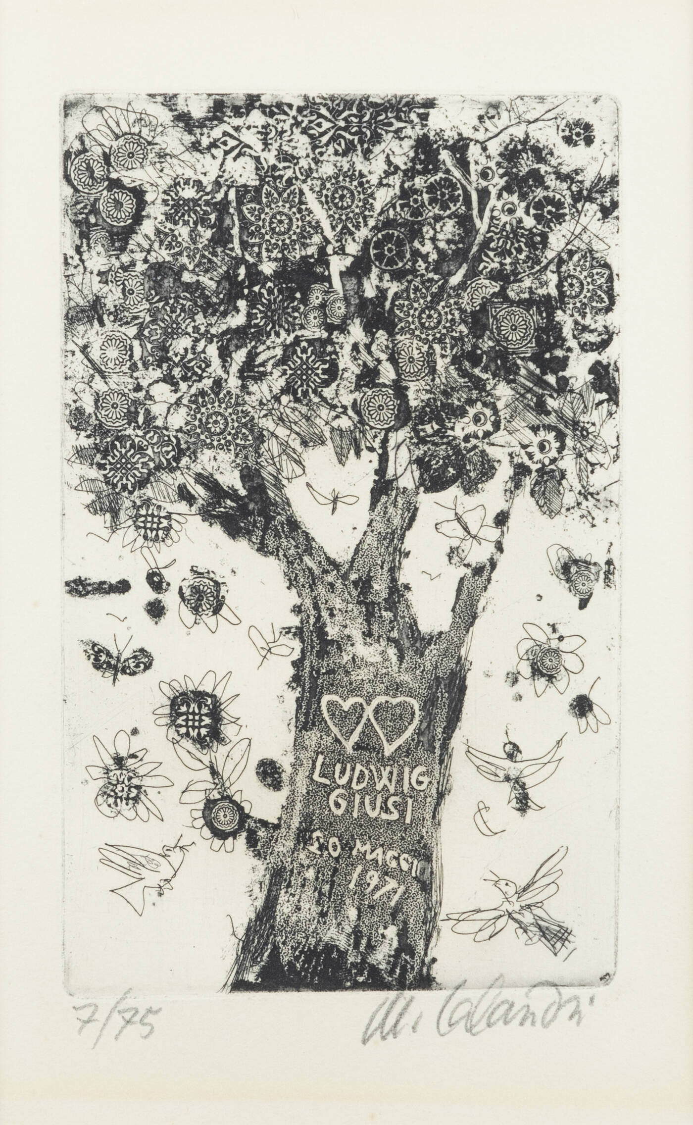 MARIO CALANDRI - 'Senza titolo (Albero con iscrizione amorosa' Ludwig e Giusi 20 maggio 1971')