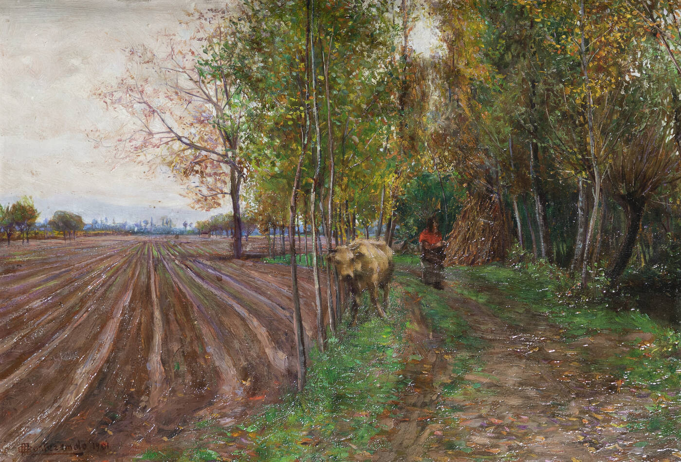 GUIDO MONTEZEMOLO - 'Paesaggio con contadino e mucca' 1901