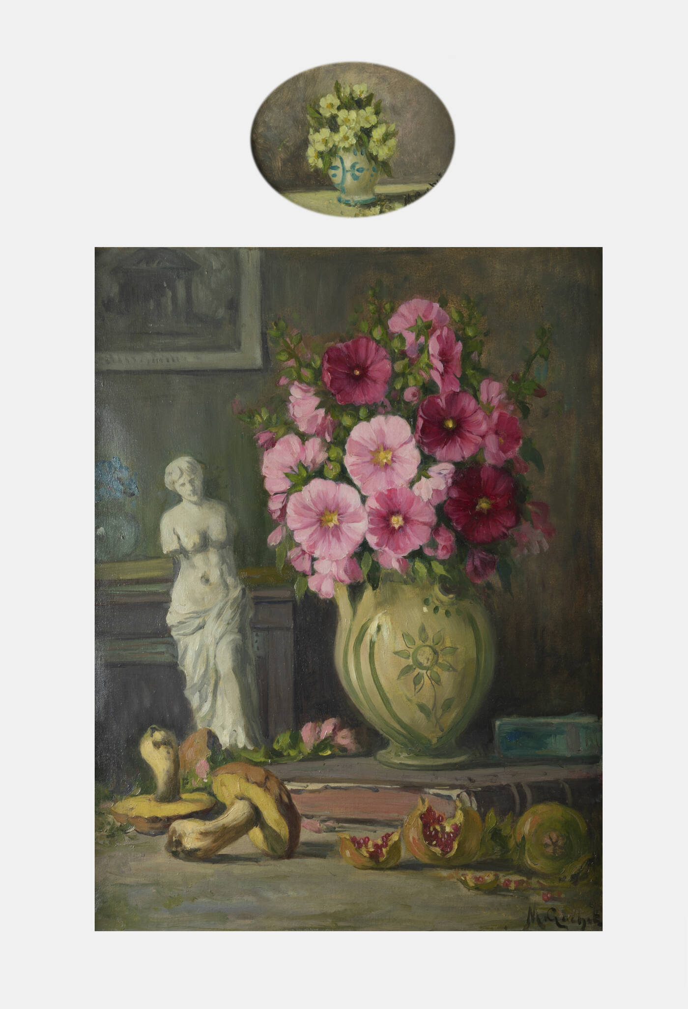 MARIO GACHET - 'Lotto di due dipinti'<br>a - Natura morta con fiori, scultura e funghi<br>b - Vaso di fiori