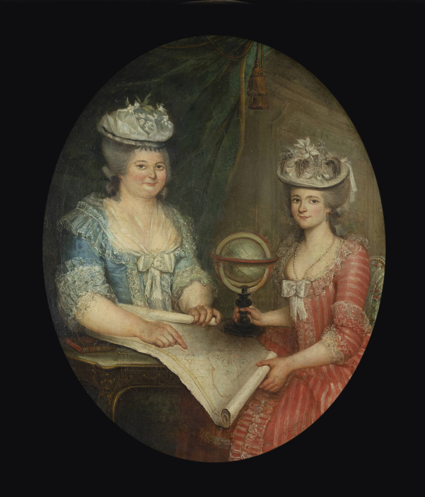 PITTORE ANONIMO - 'Dame con mappamondo e carta geografica' XVIII secolo