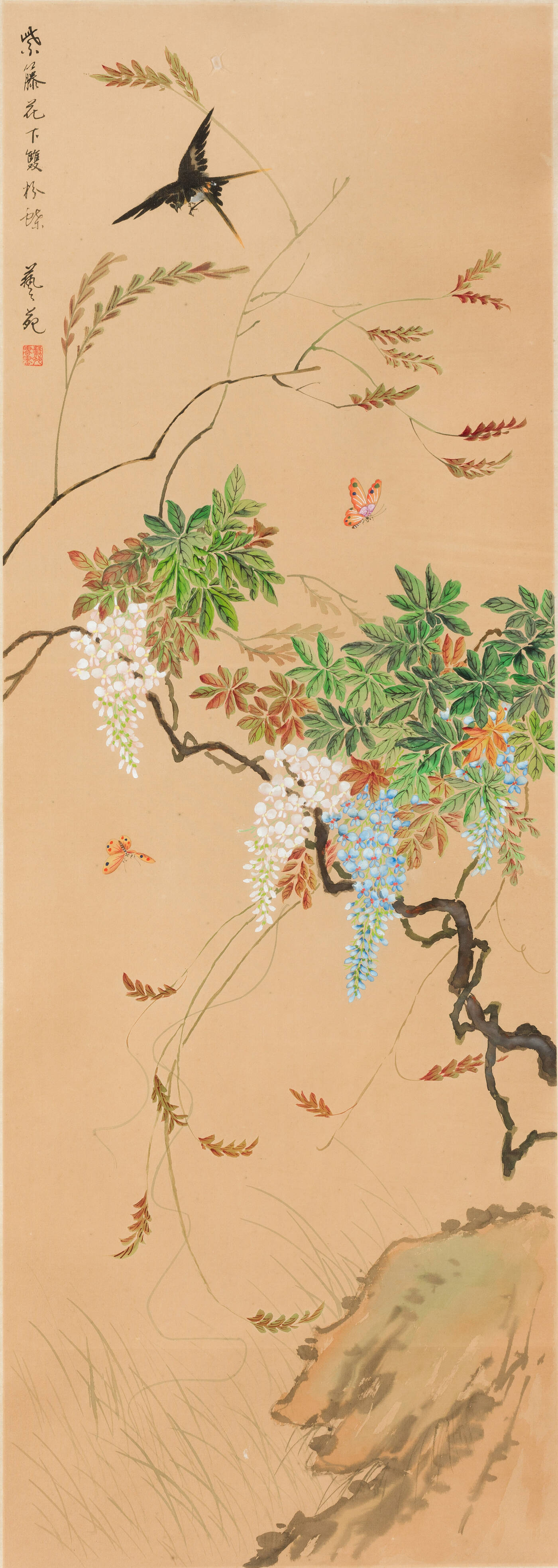 DIPINTO - Dipinto su seta con uccello e farfalle