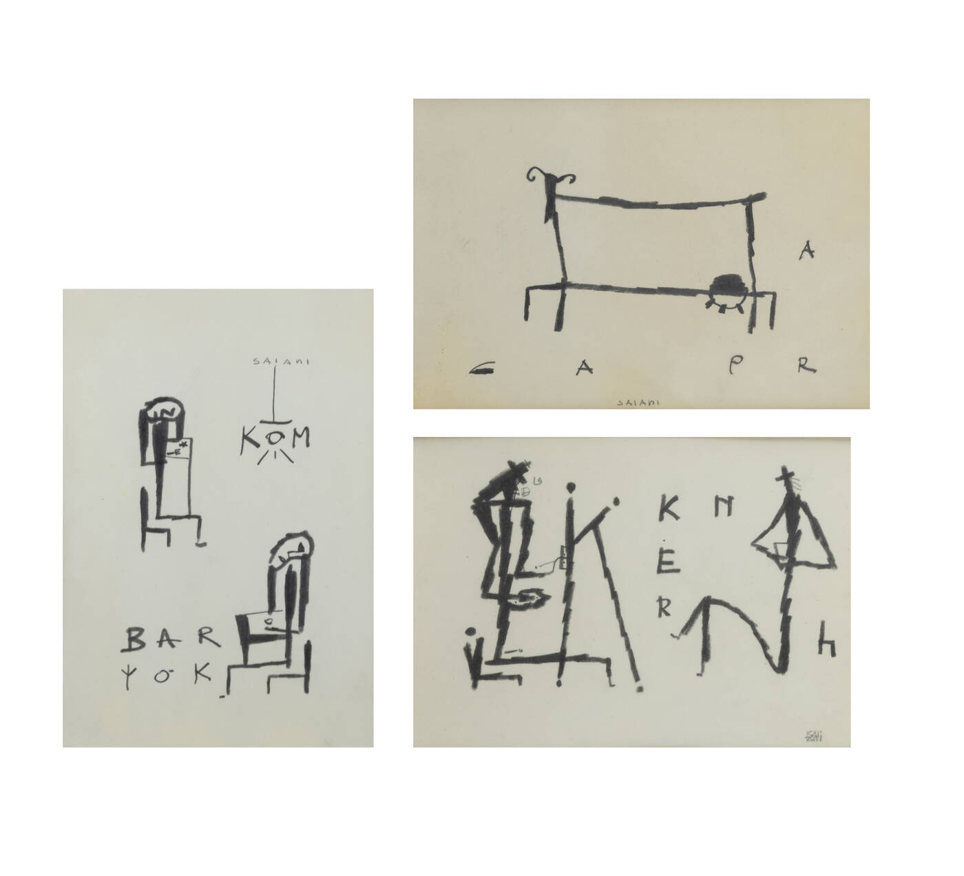 DIEGO SAIANI - Lotto di tre quadretti:<br>A) 'Bar'<br>B) 'Ker'<br>C) 'Capra'