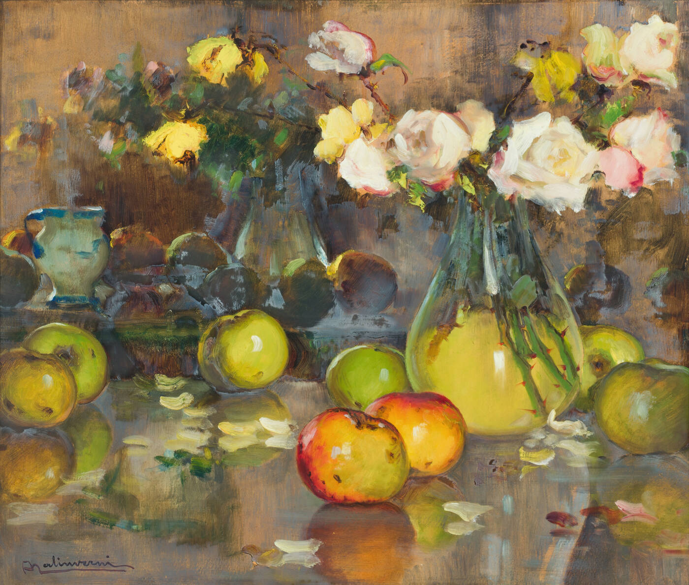 ANGELO MALINVERNI - 'Natura morta con vaso di fiori e frutta'