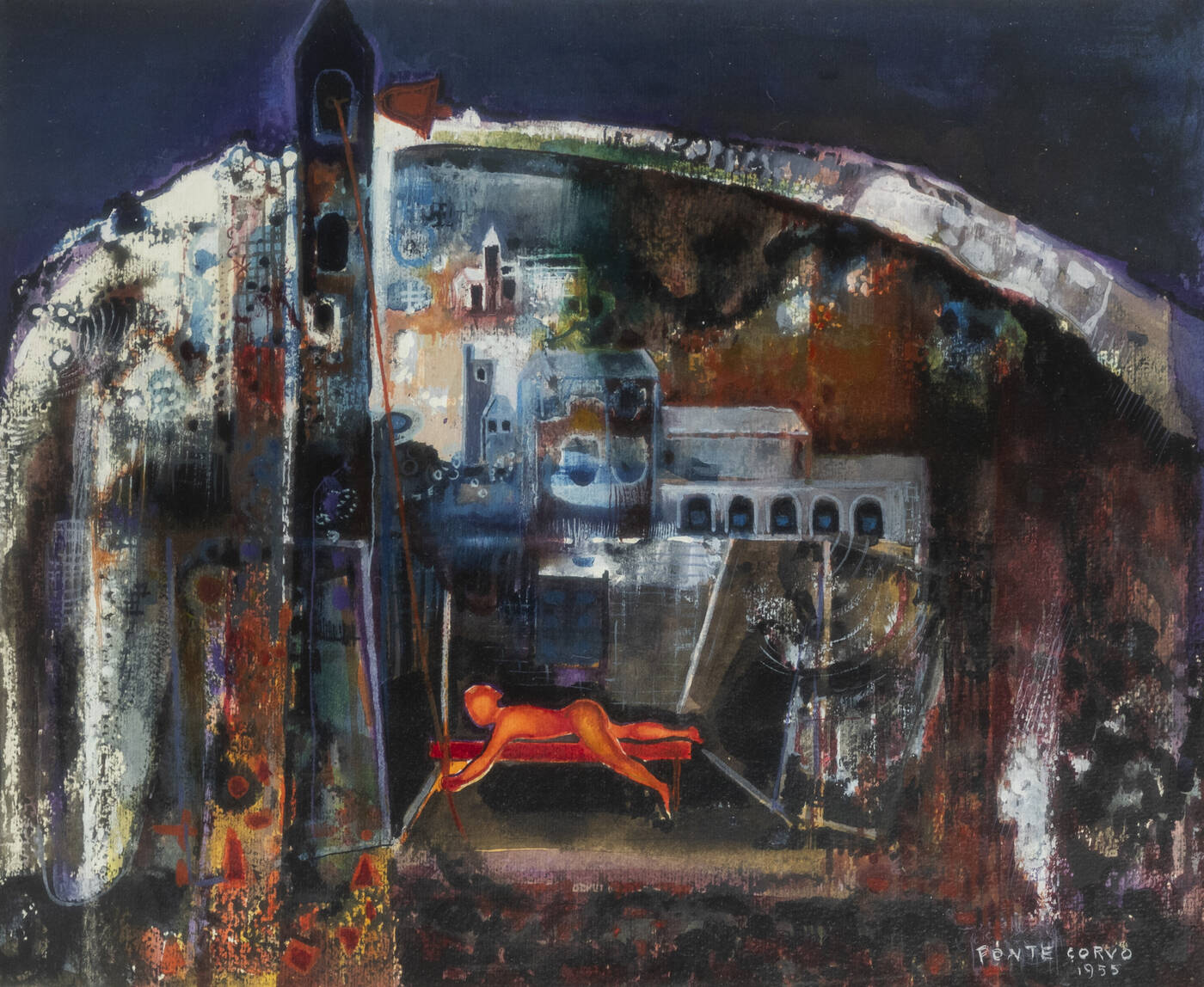 PONTE CORVO (Raffaele Pontecorvo) - 'Figura rossa e campanile' 1955