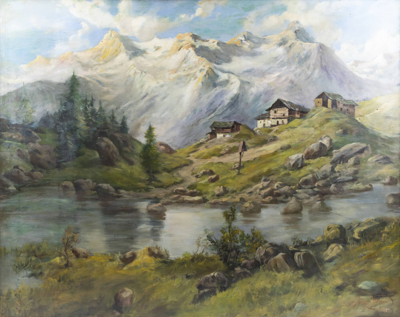 MARIO VIOLINI - 'Paesaggio montano con torrente e baite'