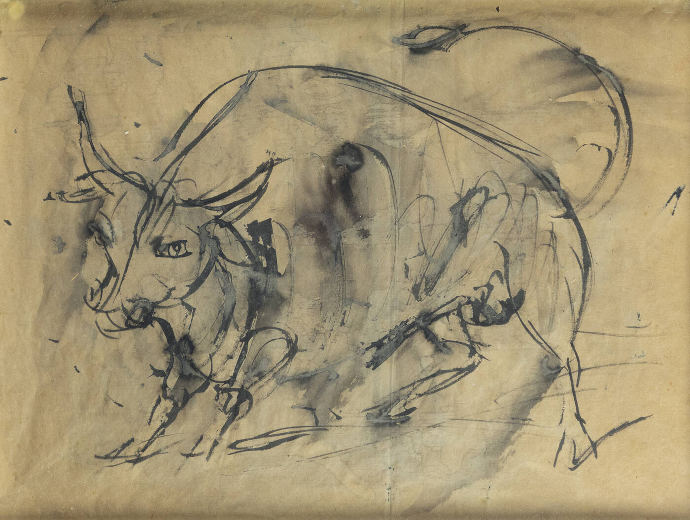LUIGI SPAZZAPAN - A) 'Toro in attesa della corrida' 1945-46<br>B) al retro 'Il partigiano impiccato per i piedi' 1945-46