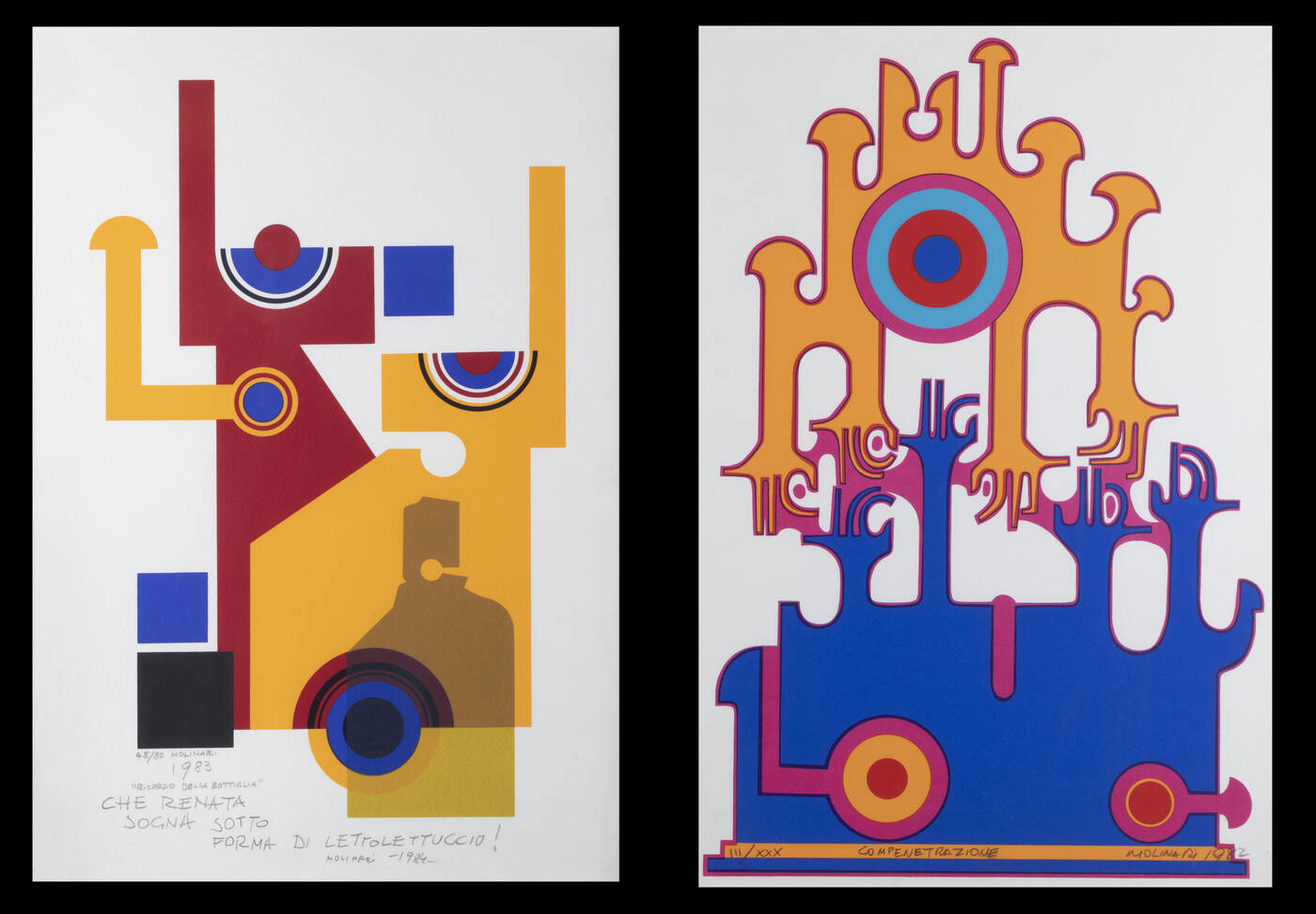 MARIO MOLINARI - Lotto di due serigrafie:<br>A) 'Compenetrazione' 1982<br>B) 'Ricordo della bottiglia' 1983 